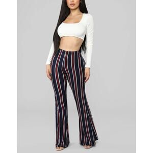 Fashion Nova Navy Red Striped High Waisted Flared Leggings Pants Women's Small